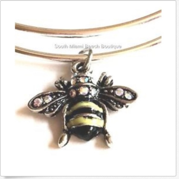 Silver Bumble Bee Crystal Wire Bracelet Bangle - Picture 2 of 8